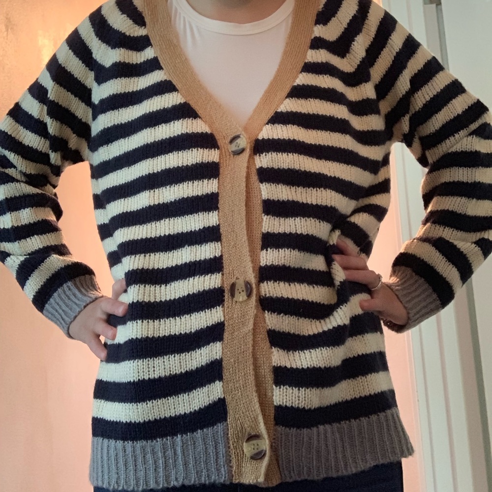 Navy stripe cozy sweater with button front